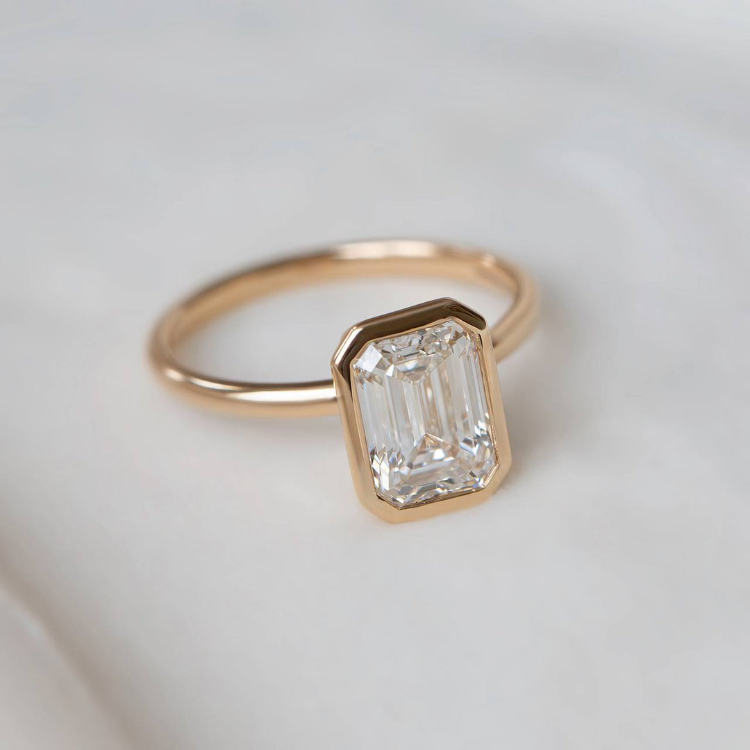Emerald Cut Lab Grown Diamond Solitaire Engagement Ring | Bezel Set 14K Gold