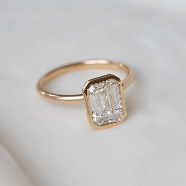 Emerald Cut Lab Grown Diamond Solitaire Engagement Ring | Bezel Set 14K Gold