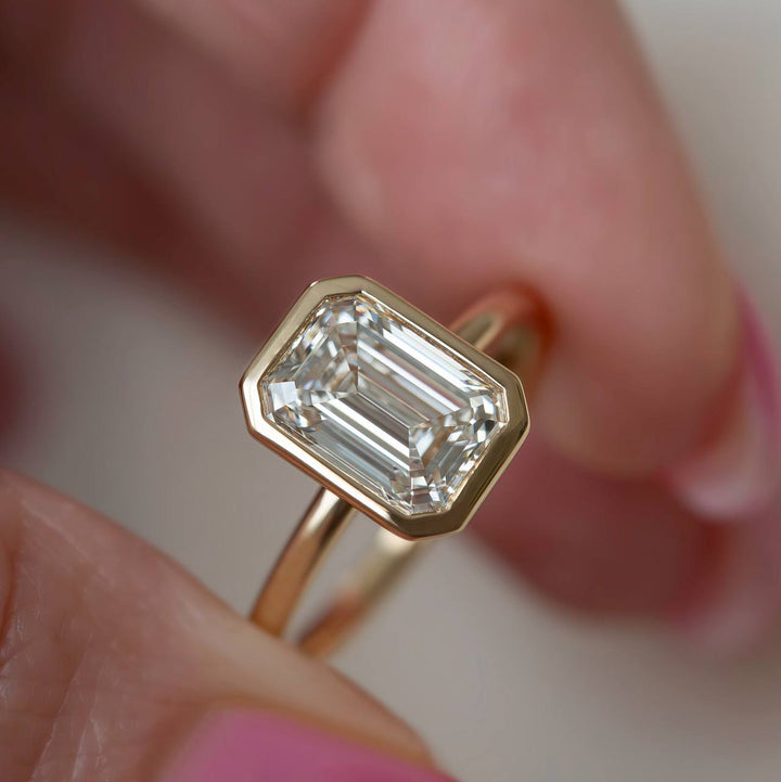 Emerald Cut Lab Grown Diamond Solitaire Engagement Ring | Bezel Set 14K Gold