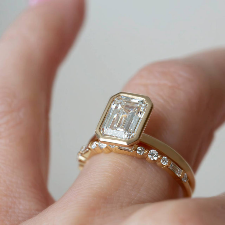 Emerald Cut Lab Grown Diamond Solitaire Engagement Ring | Bezel Set 14K Gold