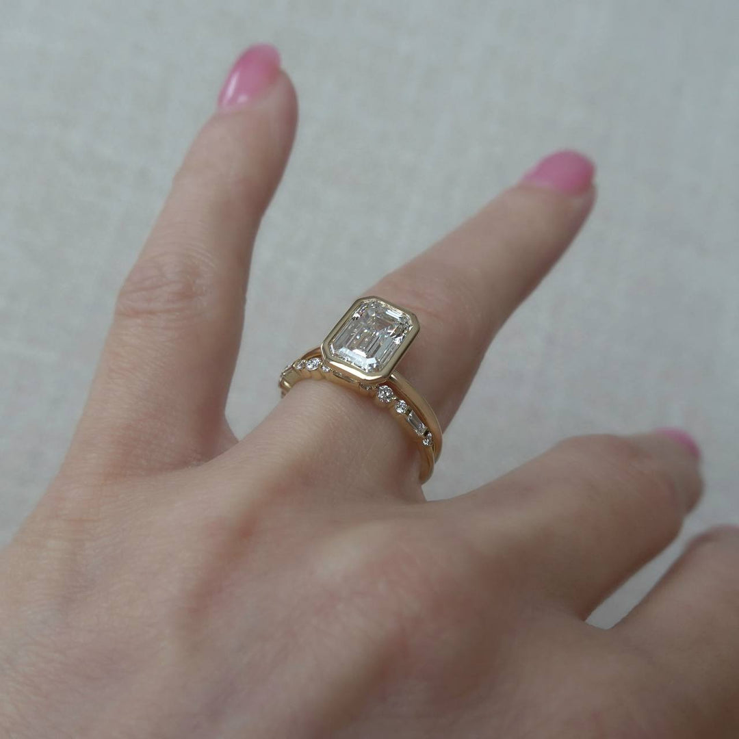 Emerald Cut Lab Grown Diamond Solitaire Engagement Ring | Bezel Set 14K Gold