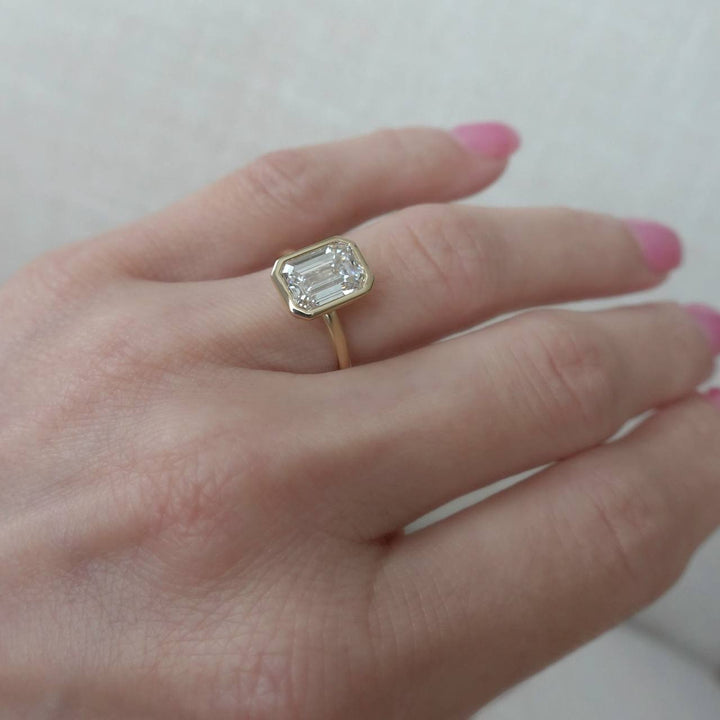 Emerald Cut Lab Grown Diamond Solitaire Engagement Ring | Bezel Set 14K Gold