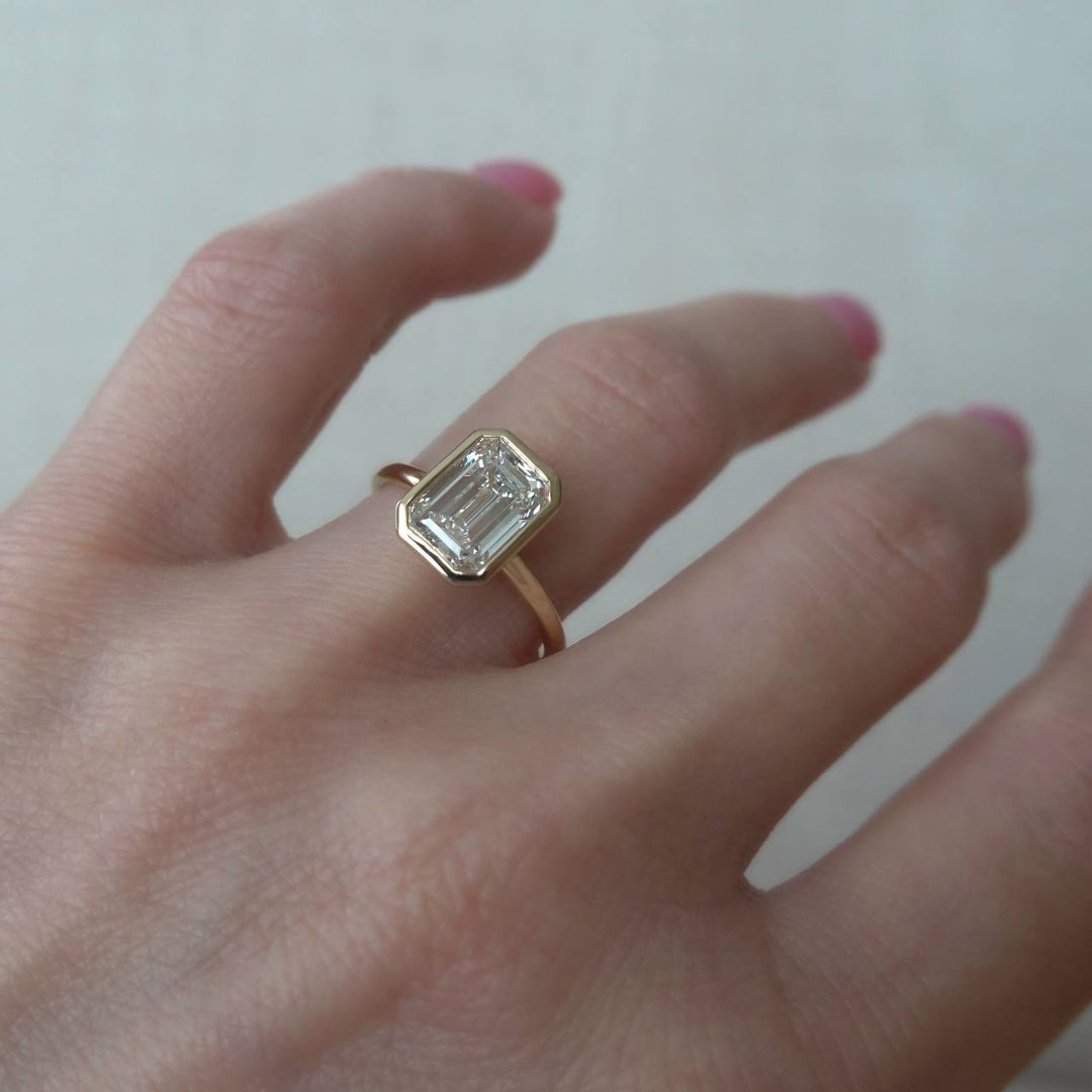 Emerald Cut Lab Grown Diamond Solitaire Engagement Ring | Bezel Set 14K Gold
