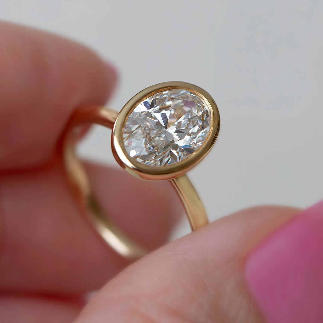 2 CT Oval Lab Grown Diamond Engagement Ring | Bezel Set Solitaire 14K Gold