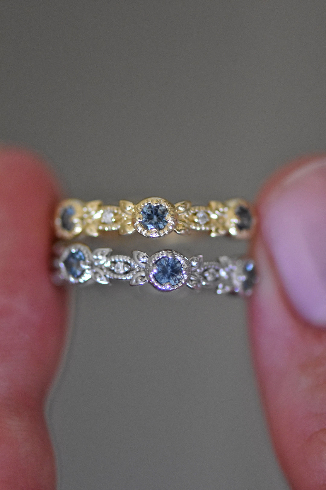 Nature Inspired Leaf Wedding Band w/ Teal Montana Sapphires 14K Gold
