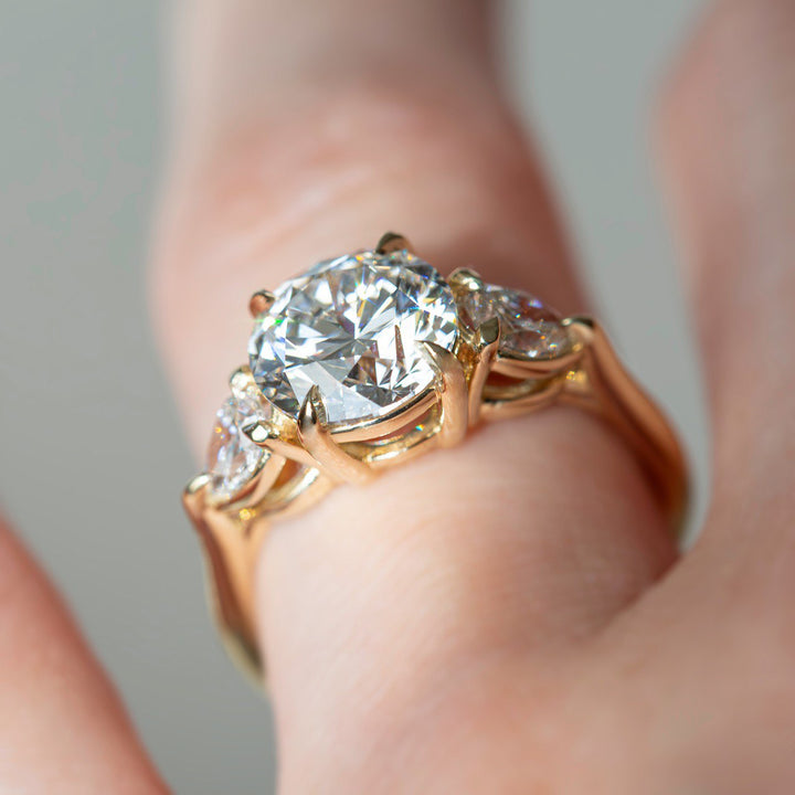 Lab Grown Diamond Three Stone Engagement Ring with Round Center & Pear Side Diamonds in 14K Gold