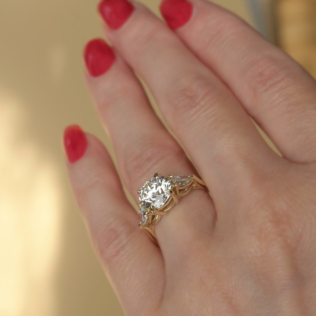 Lab Grown Diamond Three Stone Engagement Ring with Round Center & Pear Side Diamonds in 14K Gold
