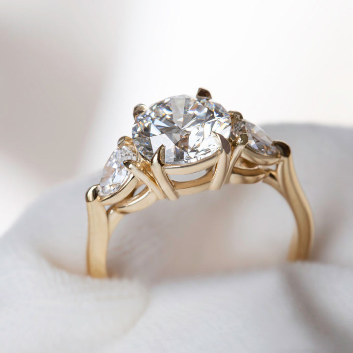 Lab Grown Diamond Three Stone Engagement Ring with Round Center & Pear Side Diamonds in 14K Gold