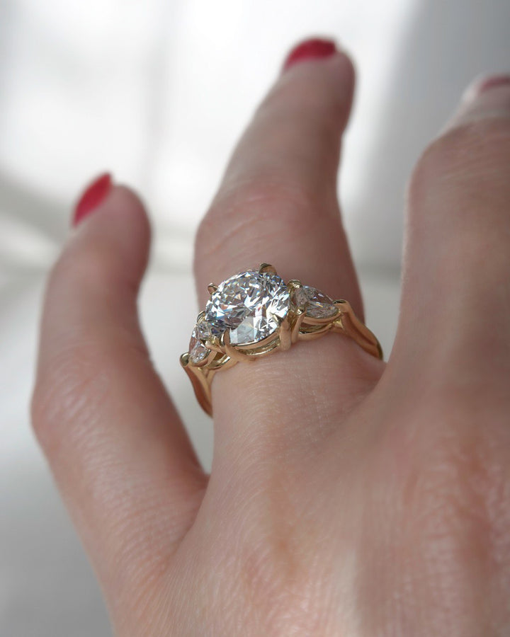 Lab Grown Diamond Three Stone Engagement Ring with Round Center & Pear Side Diamonds in 14K Gold
