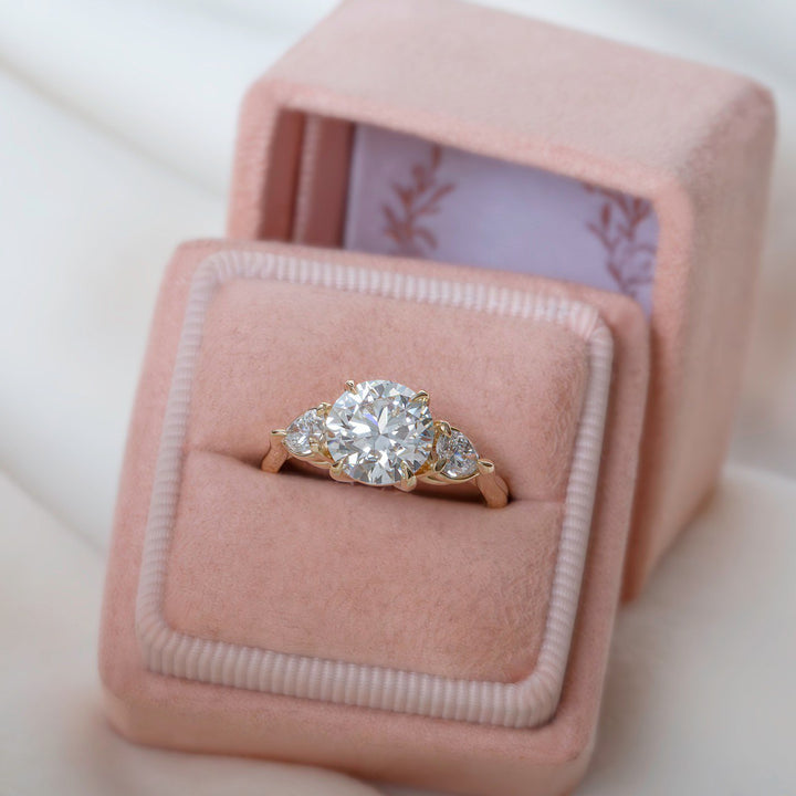Lab Grown Diamond Three Stone Engagement Ring with Round Center & Pear Side Diamonds in 14K Gold