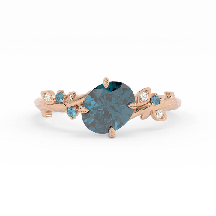 Nature Inspired Teal Moissanite Engagement Ring – Leaf Design with Diamonds in 14K Gold