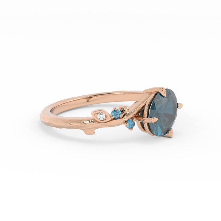 Nature Inspired Teal Moissanite Engagement Ring – Leaf Design with Diamonds in 14K Gold