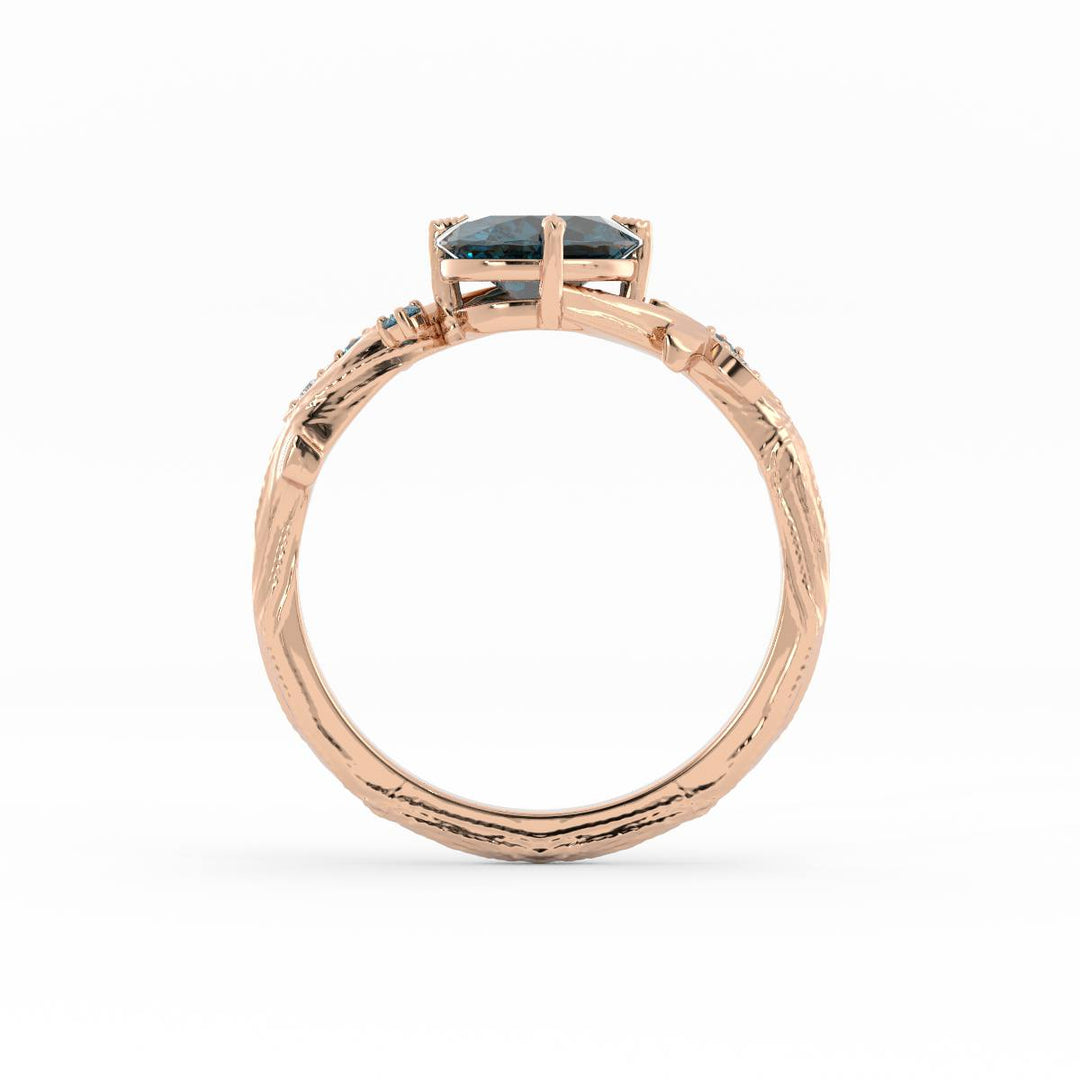 Nature Inspired Teal Moissanite Engagement Ring – Leaf Design with Diamonds in 14K Gold