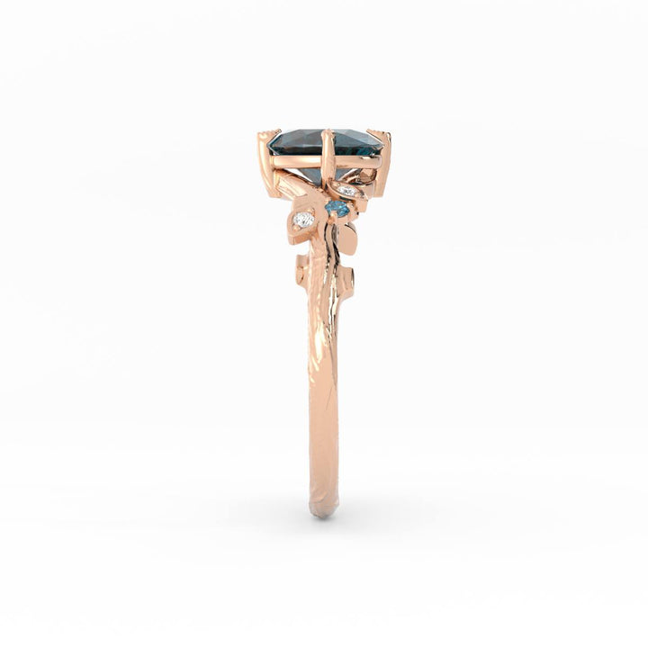 Nature Inspired Teal Moissanite Engagement Ring – Leaf Design with Diamonds in 14K Gold