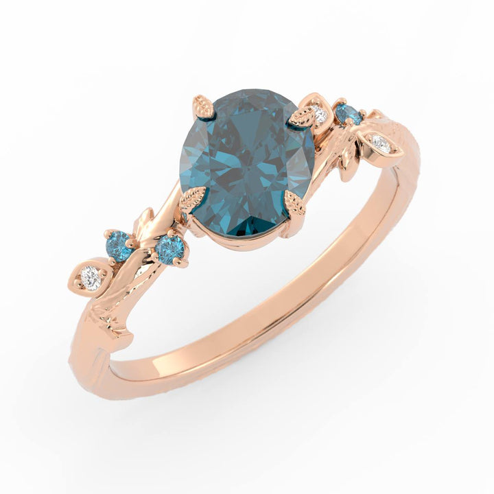 Nature Inspired Teal Moissanite Engagement Ring – Leaf Design with Diamonds in 14K Gold