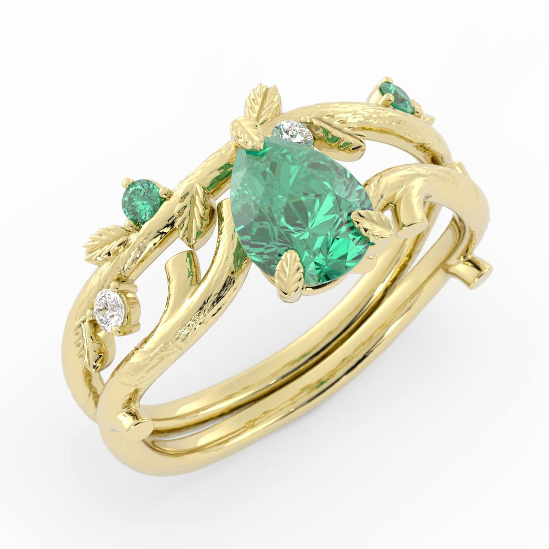 Nature Inspired Emerald Engagement Ring Set – Leaf Design with Lab Grown Emerald and Diamonds in 14K Gold