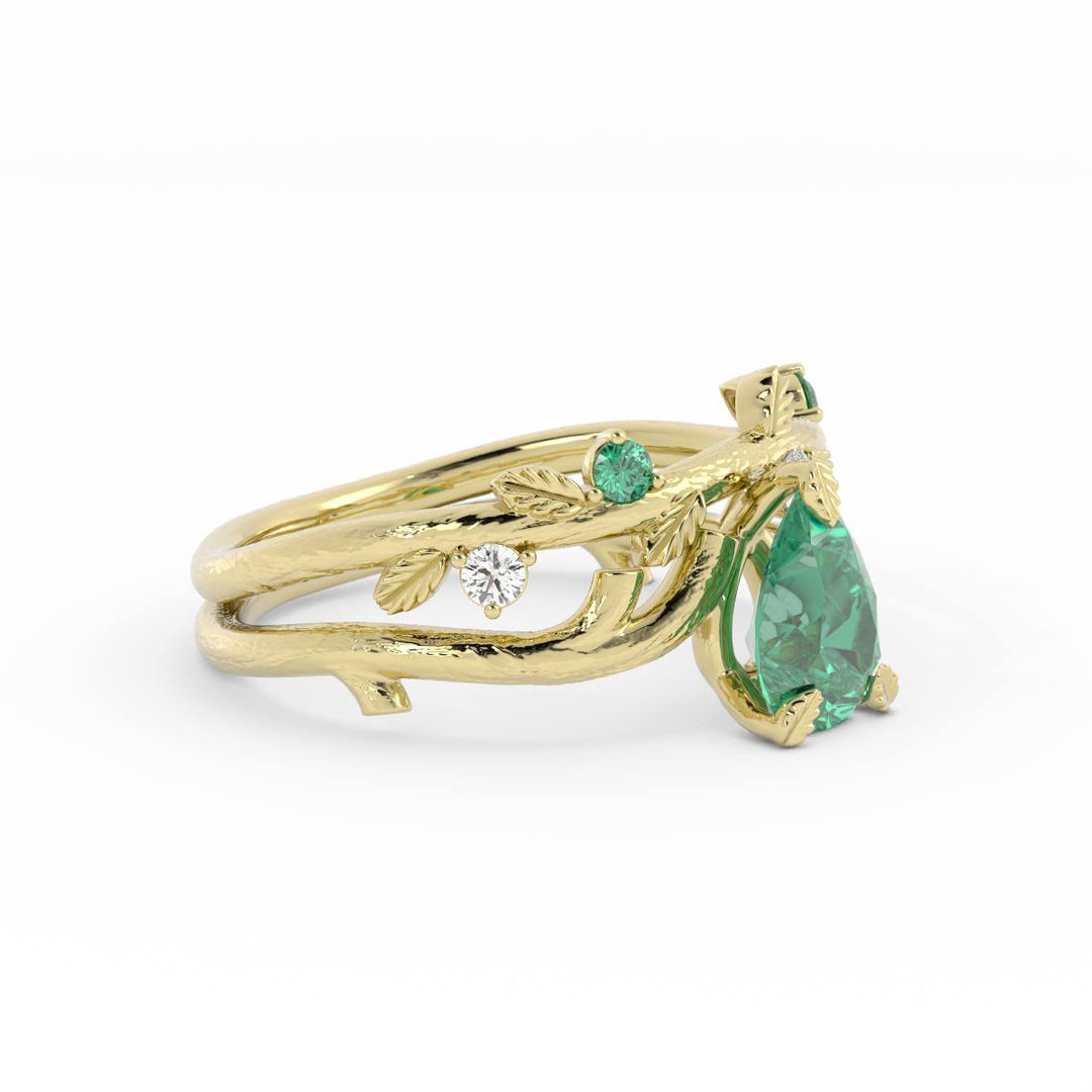 Nature Inspired Emerald Engagement Ring Set – Leaf Design with Lab Grown Emerald and Diamonds in 14K Gold