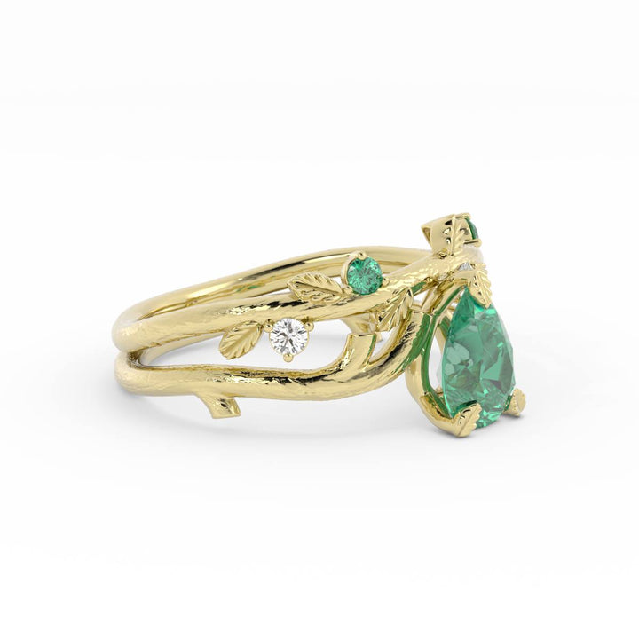 Nature Inspired Emerald Engagement Ring Set – Leaf Design with Lab Grown Emerald and Diamonds in 14K Gold