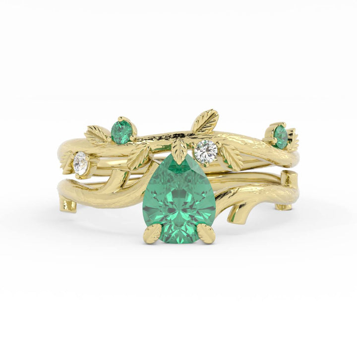 Nature Inspired Emerald Engagement Ring Set – Leaf Design with Lab Grown Emerald and Diamonds in 14K Gold