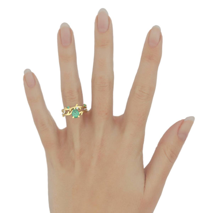 Nature Inspired Emerald Engagement Ring Set – Leaf Design with Lab Grown Emerald and Diamonds in 14K Gold