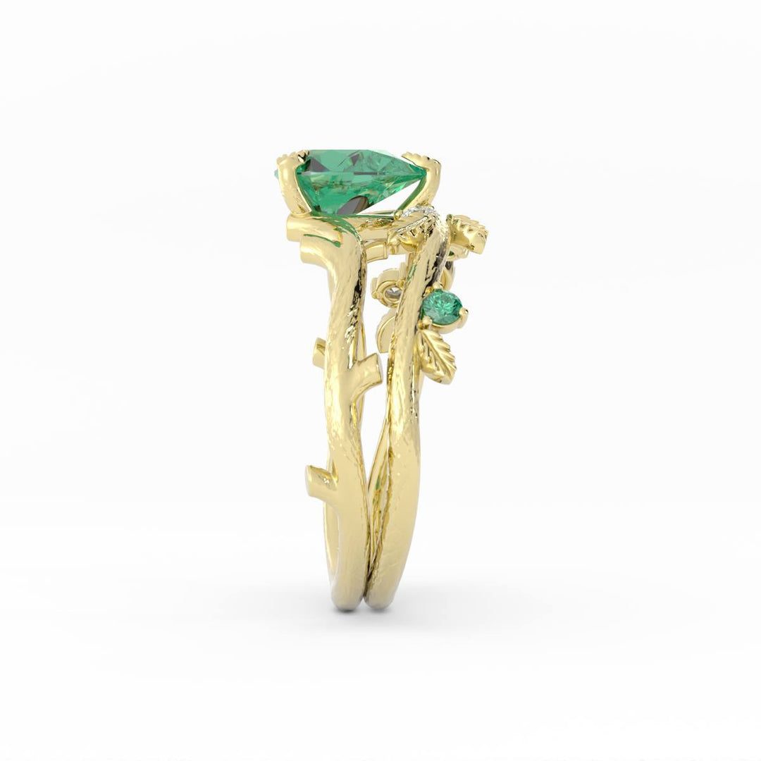 Nature Inspired Emerald Engagement Ring Set – Leaf Design with Lab Grown Emerald and Diamonds in 14K Gold