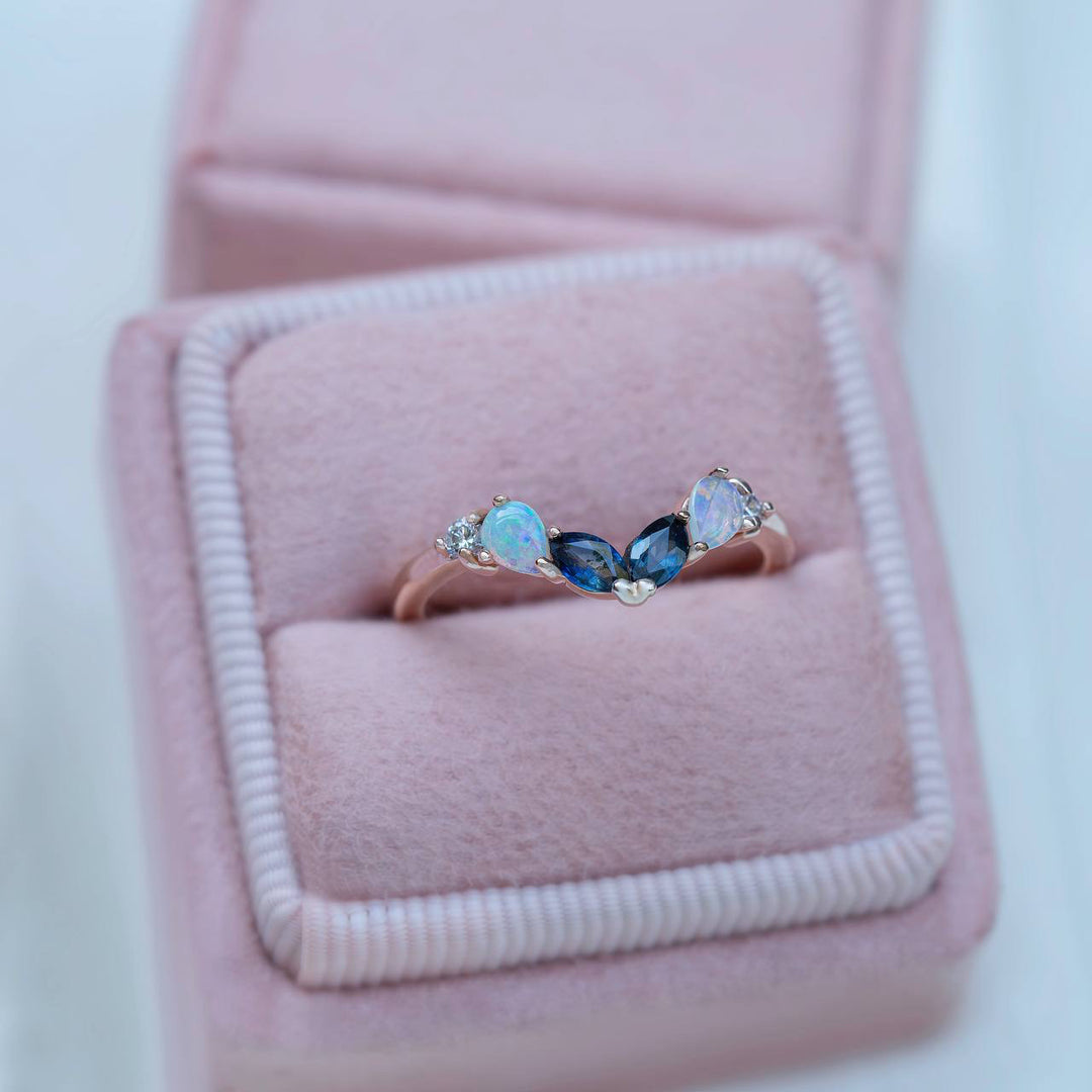 Marquise Teal Sapphire and Pear Opal Wedding Band 14K Gold