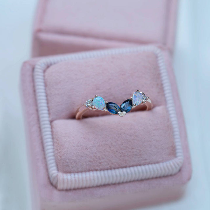Marquise Teal Sapphire and Pear Opal Wedding Band 14K Gold