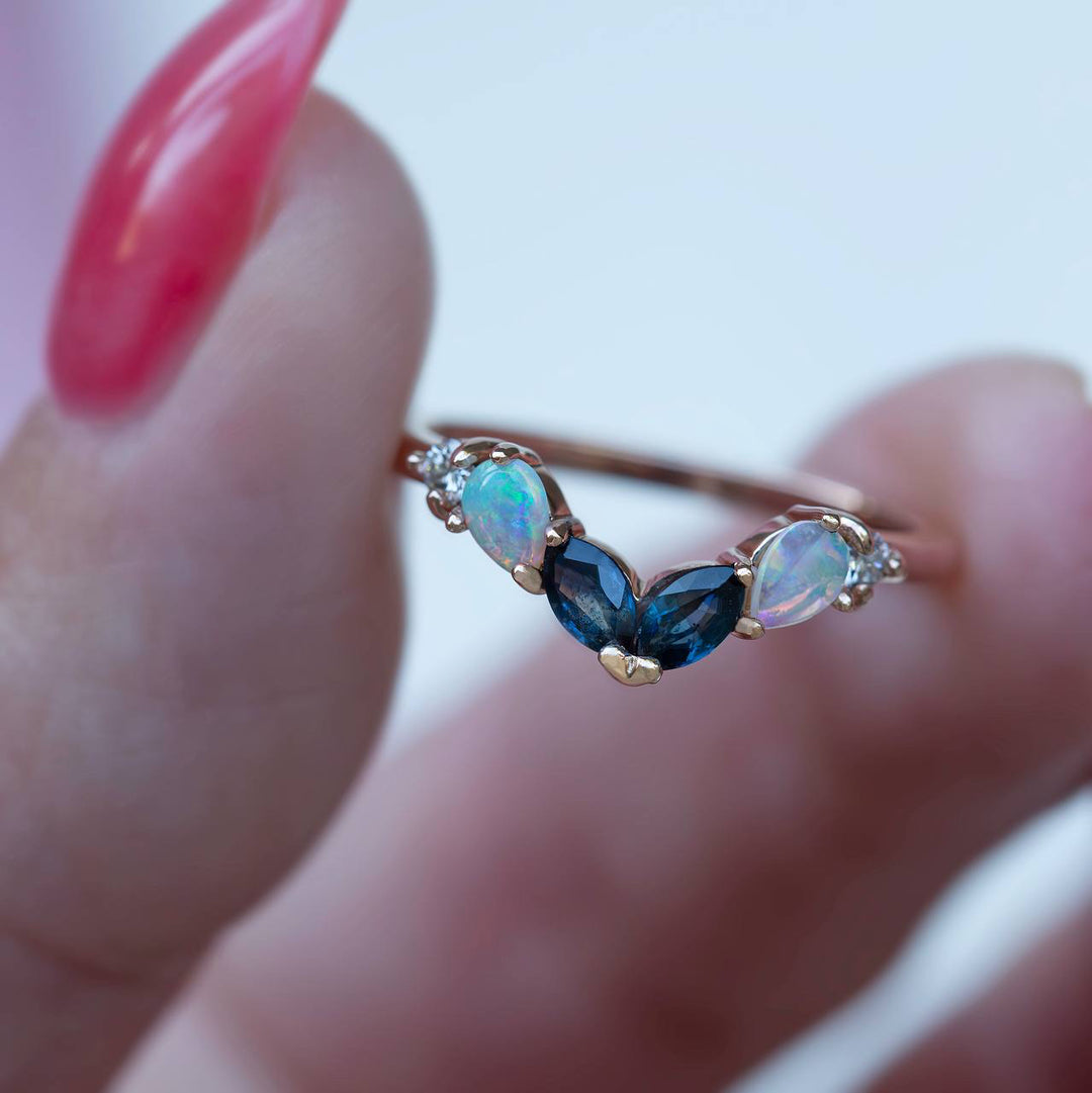 Marquise Teal Sapphire and Pear Opal Wedding Band 14K Gold