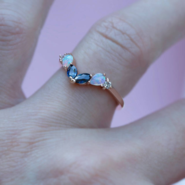 Marquise Teal Sapphire and Pear Opal Wedding Band 14K Gold