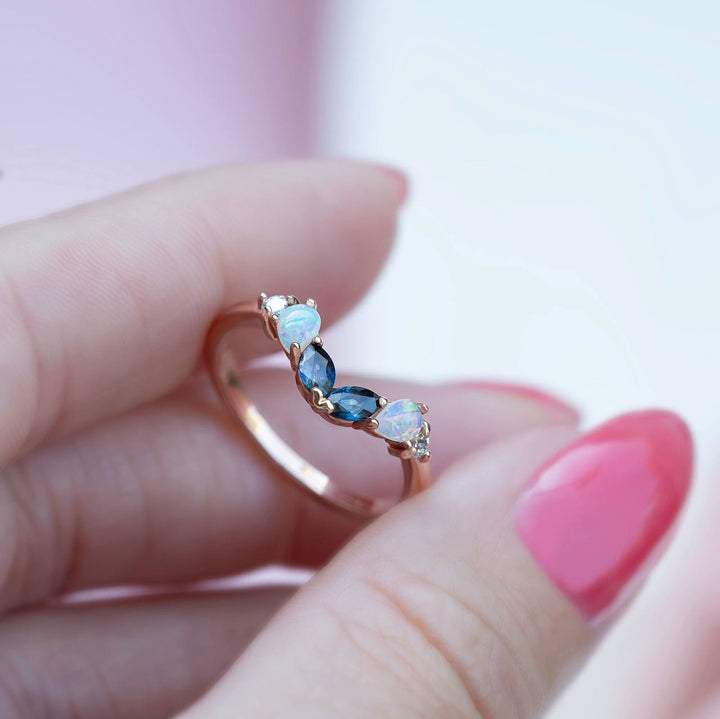 Marquise Teal Sapphire and Pear Opal Wedding Band 14K Gold