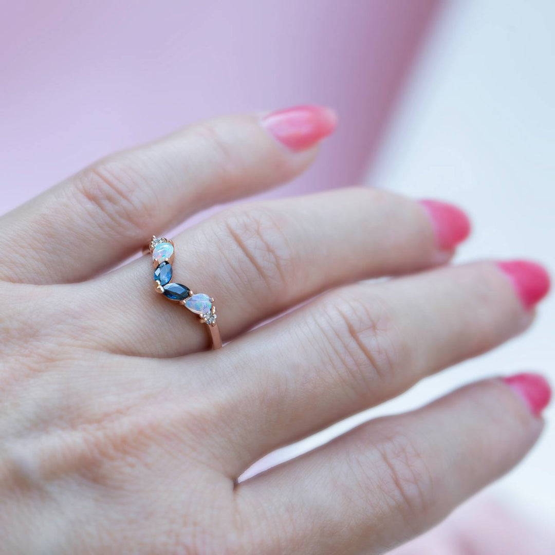 Marquise Teal Sapphire and Pear Opal Wedding Band 14K Gold