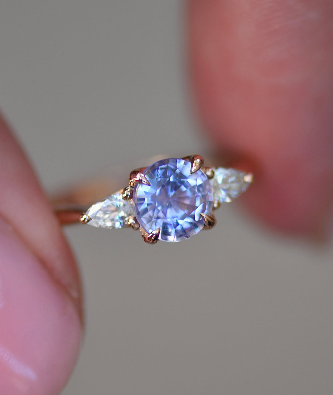 Pastel Purple Blue Sapphire and Pear Shape Diamonds Engagement Ring 14K Gold, Lavender Sapphire Ring