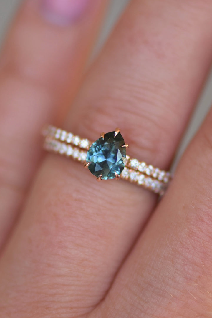 Hidden Halo Engagement Ring Set w/ Pear Shape Montana Sapphire 14K Gold