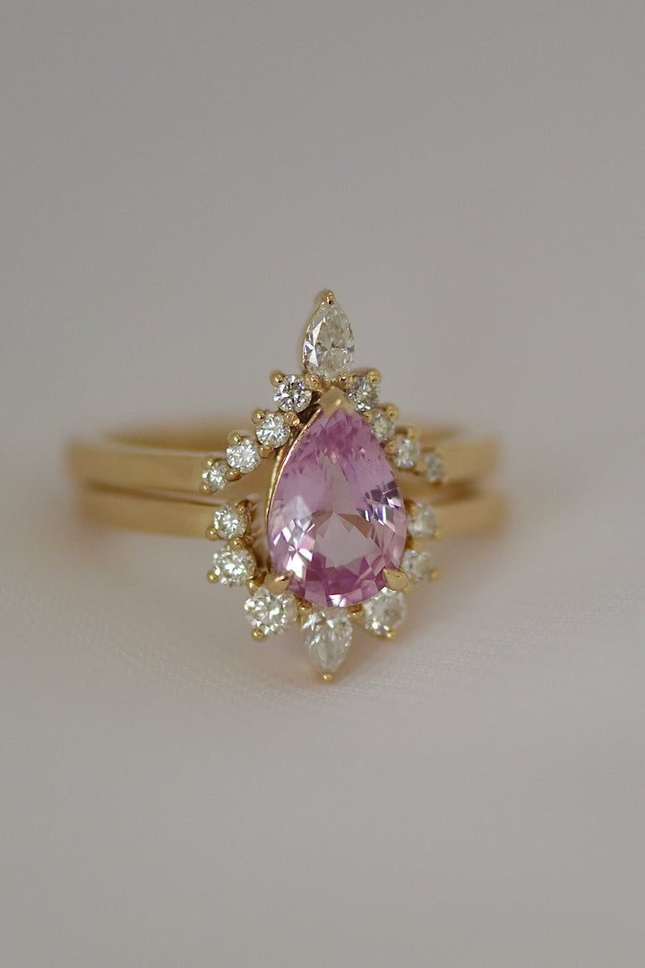 Pear Shape Pink Sapphire and Diamond Engagement Ring Set 14K Gold