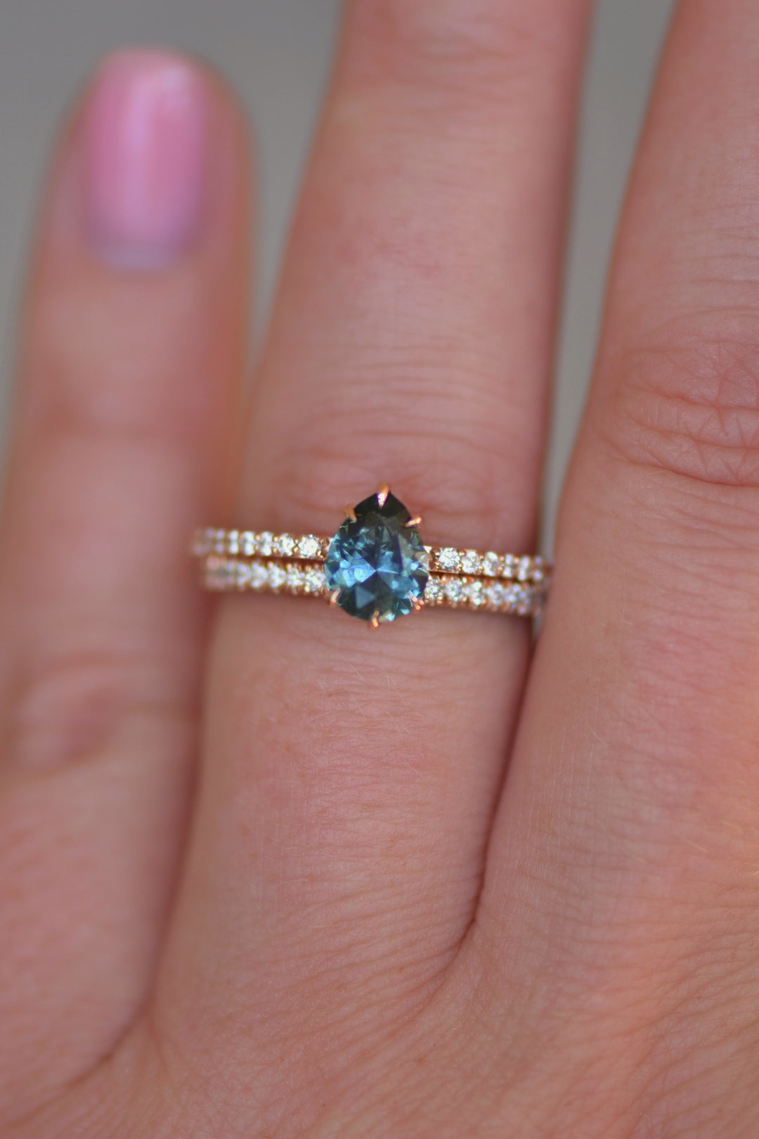 Hidden Halo Engagement Ring Set w/ Pear Shape Montana Sapphire 14K Gold