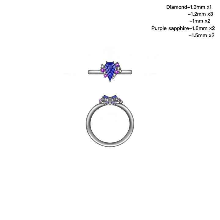 Custom Order Shield Cut Purple Sapphire and Diamond Engagement Ring 14K White Gold