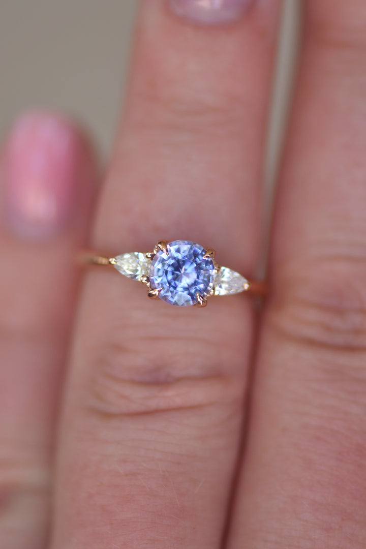 Pastel Purple Blue Sapphire and Pear Shape Diamonds Engagement Ring 14K Gold, Lavender Sapphire Ring