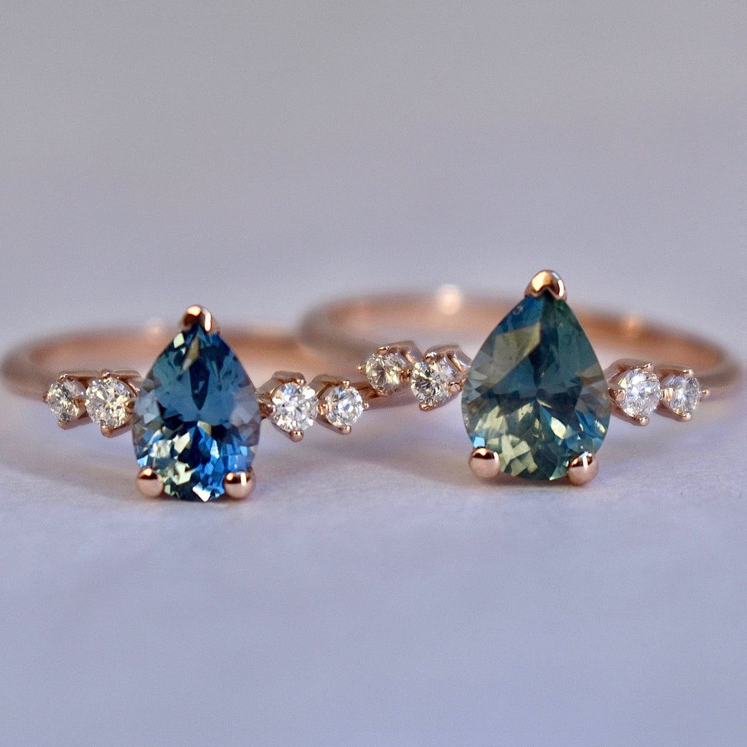 Pear Shaped Montana Sapphire Ring and Diamonds 14K Gold, Teal Montana Sapphire Engagement Ring,Teal Blue Green Sapphire Engagement Ring