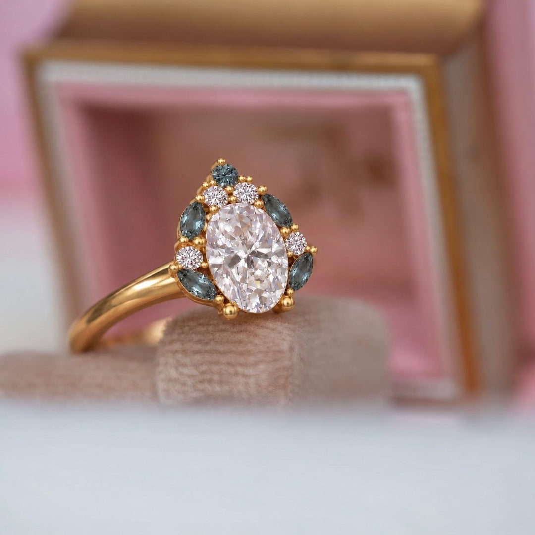 Oval Lab Grown Diamond and Greyish Green Sapphire Engagement Ring in 14K Gold Unique Diamond Cluster Ring