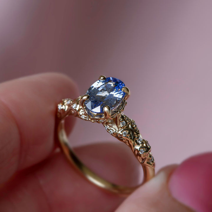 Genevieve Vintage Filigree Engagement Ring w/ Pastel Blue Oval Sapphire 14K Gold