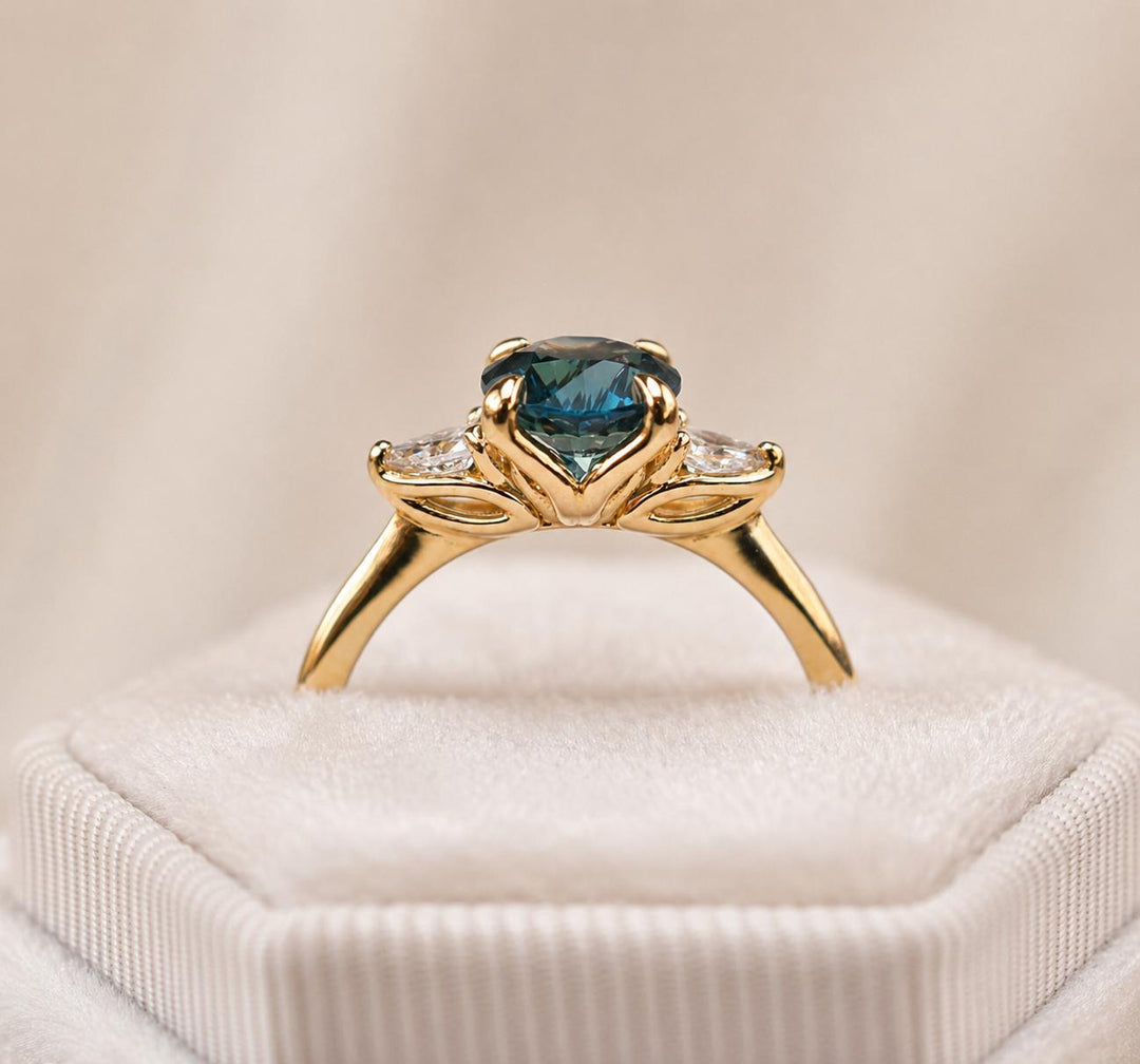 Three Stone Engagement Ring with Round Cut Teal Sapphire & Pear Cut Diamonds in 14K Gold