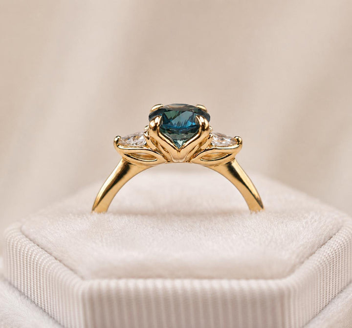 Three Stone Engagement Ring with Round Cut Teal Sapphire & Pear Cut Diamonds in 14K Gold