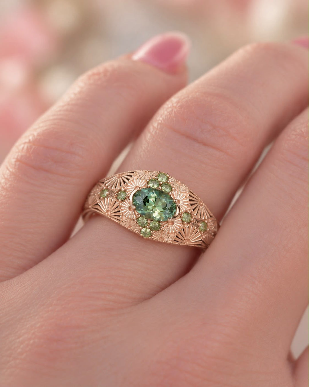 Hand Carved Floral Green Sapphire Engagement Ring in 14K Gold Natural Pastel Green Sapphire Ring