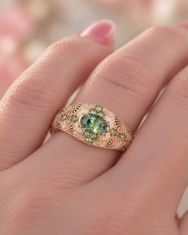 Hand Carved Floral Green Sapphire Engagement Ring in 14K Gold Natural Pastel Green Sapphire Ring