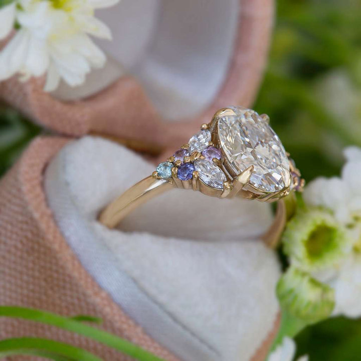 Floral Lab Grown Diamond Engagement Ring with Multicolored Sapphires in 14K Gold Nature Inspired Oval Diamond Ring