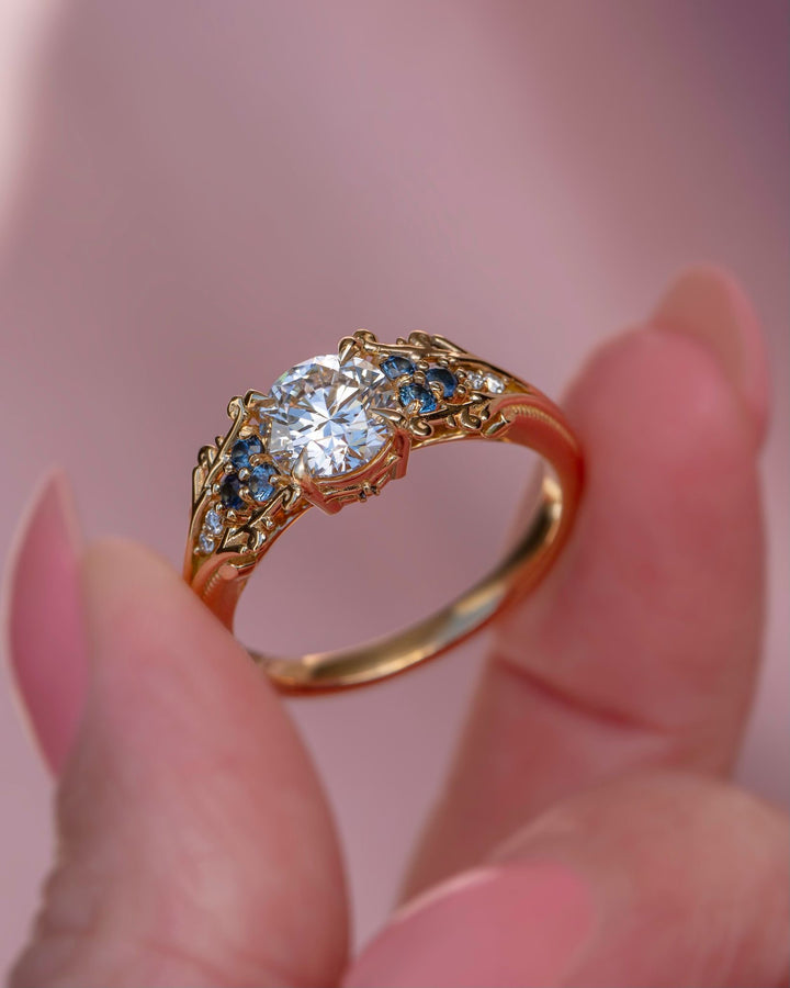 Mira Nature Inspired Diamond Engagement Ring w/ Teal Sapphires 14K Gold