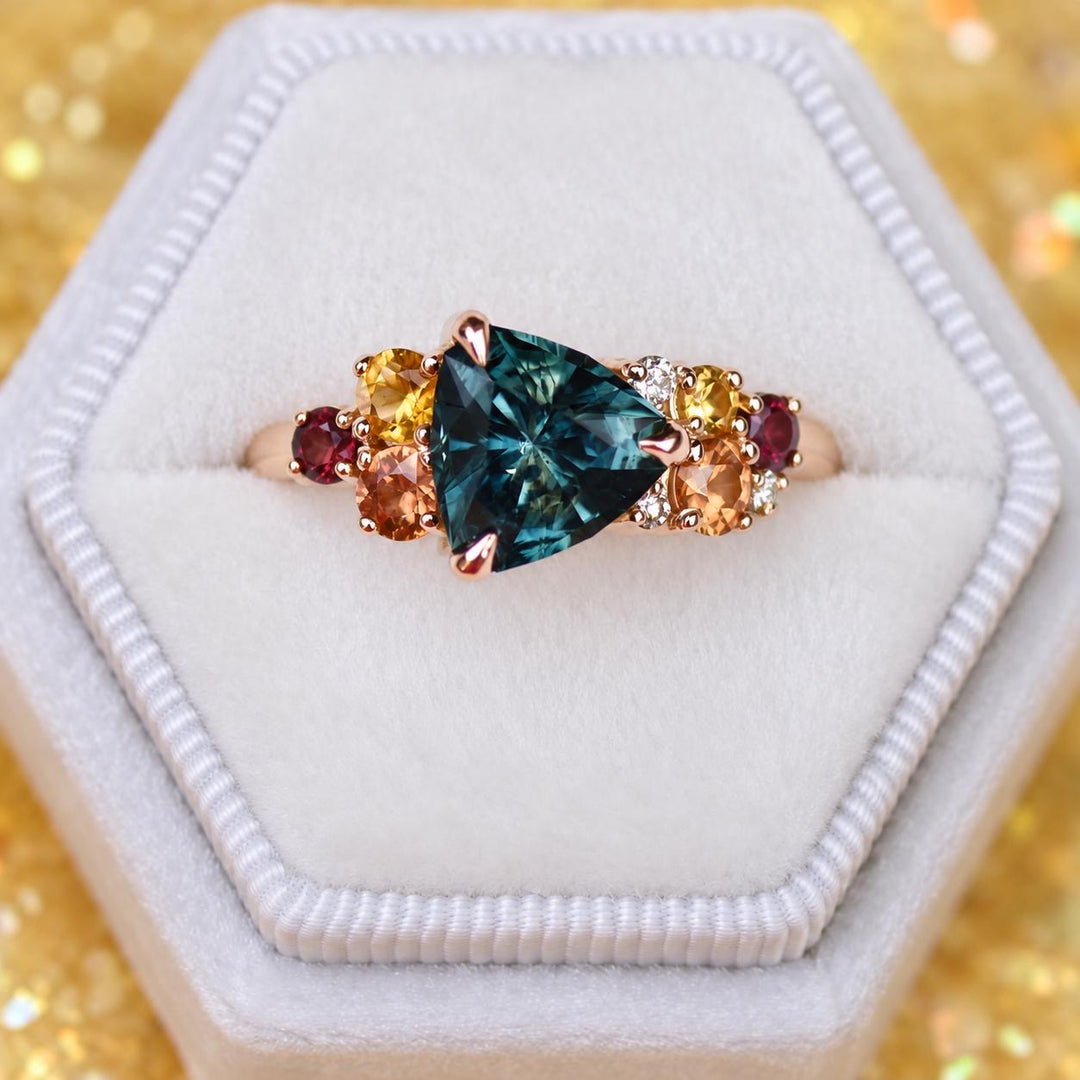 Trillion Cut Blue Green Montana Sapphire Multi Stone Cluster Engagement Ring in 14K Gold