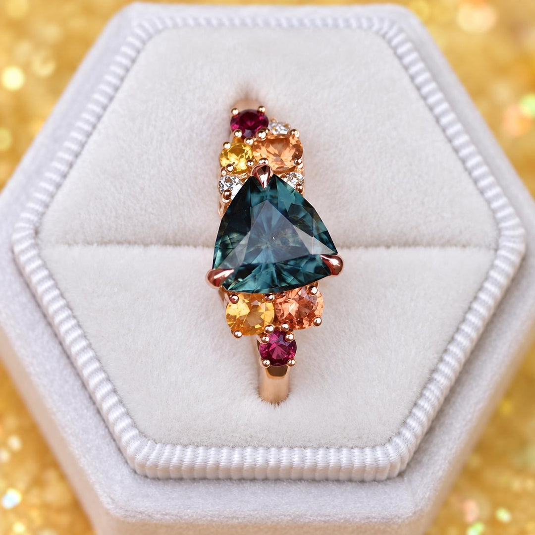 Trillion Cut Blue Green Montana Sapphire Multi Stone Cluster Engagement Ring in 14K Gold