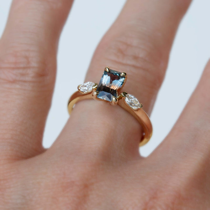 Three-Stone Emerald Cut Parti Color Montana Sapphire Ring w/ Lab-Grown Marquise Diamonds 14K Gold
