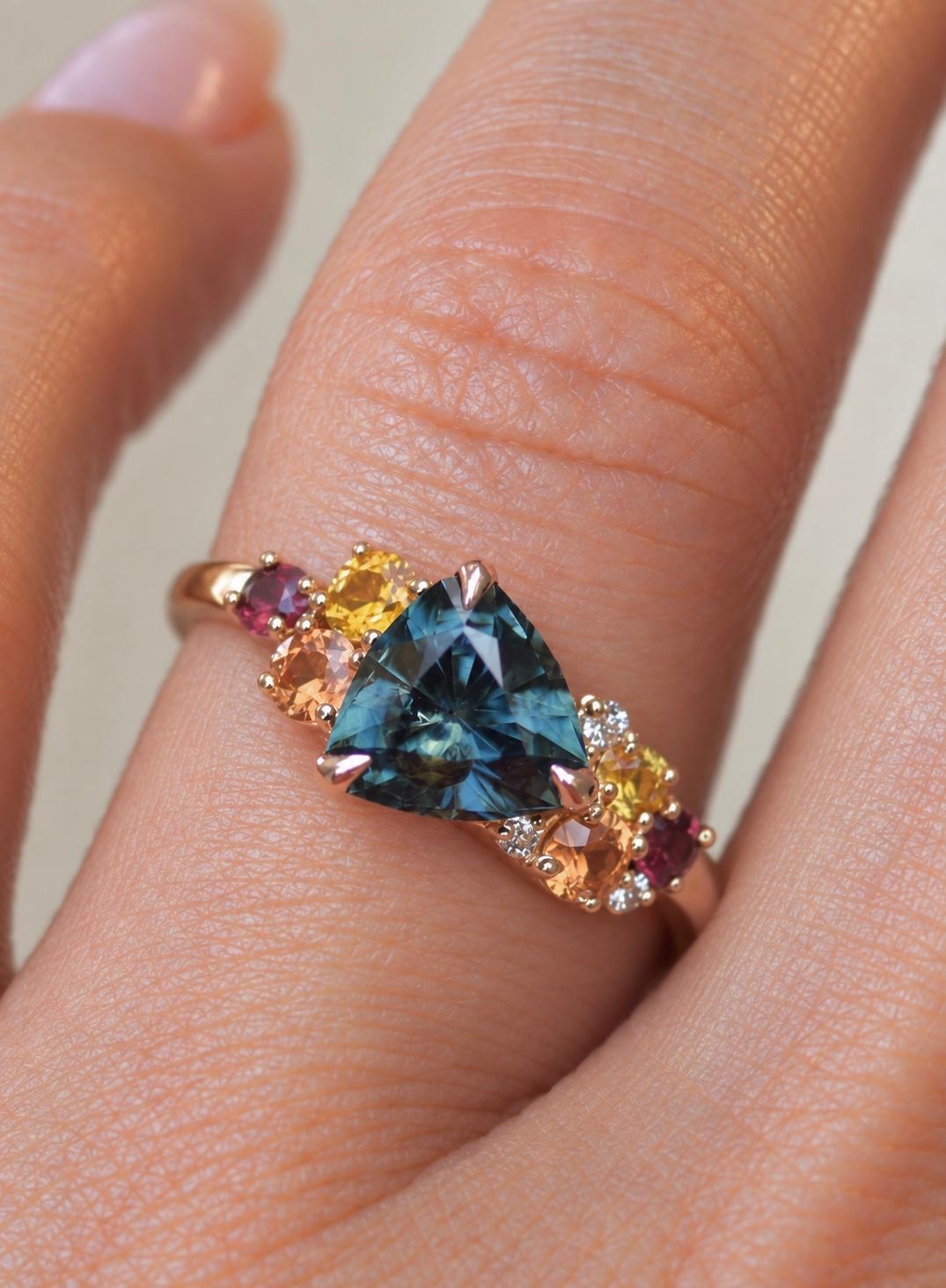 Trillion Cut Blue Green Montana Sapphire Multi Stone Cluster Engagement Ring in 14K Gold